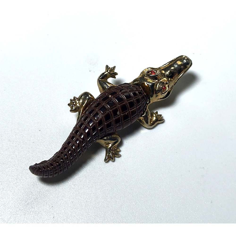 Vintage Alligator Brooch Pin Brown Enamel Gold Tone Red Rhinestone Eyes